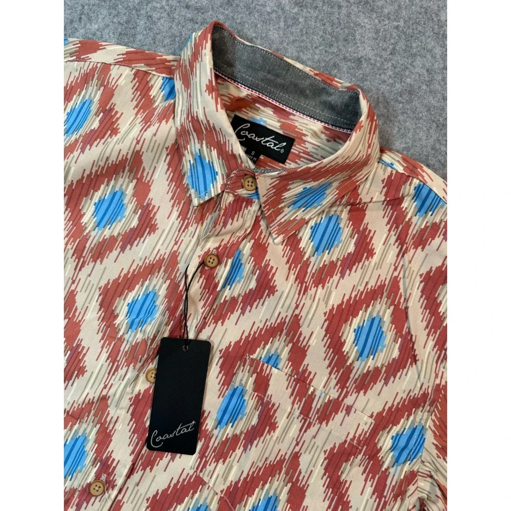 Coastal Mens Small Ikat Diamond Print Short Sleeve Button Up Shirt Red‎ Blue NEW